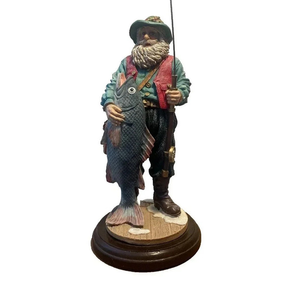 Vintage 1990's Fly Fishing Santa Jaimy 10in Resin Figurine with Big Catch - Picture 1 of 16